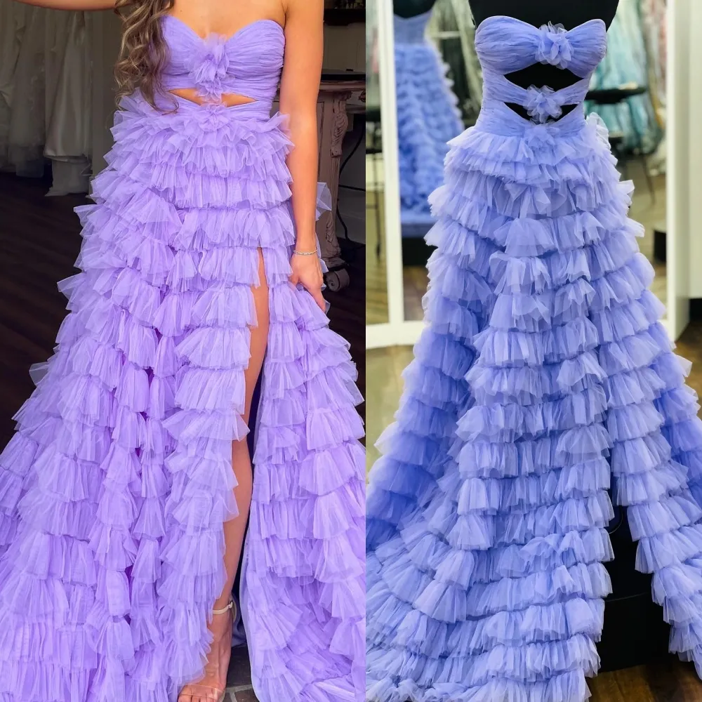 Ruffle Prom Dress 2k25 Lilac Strapless Sweetheart Tulle Ball Gown