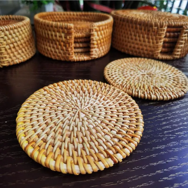 Tafelmatten 1 st ronde natuurlijke rotan kom pad handgemaakte isolatie placemats padding cup mat keuken decoratie thee accessoires