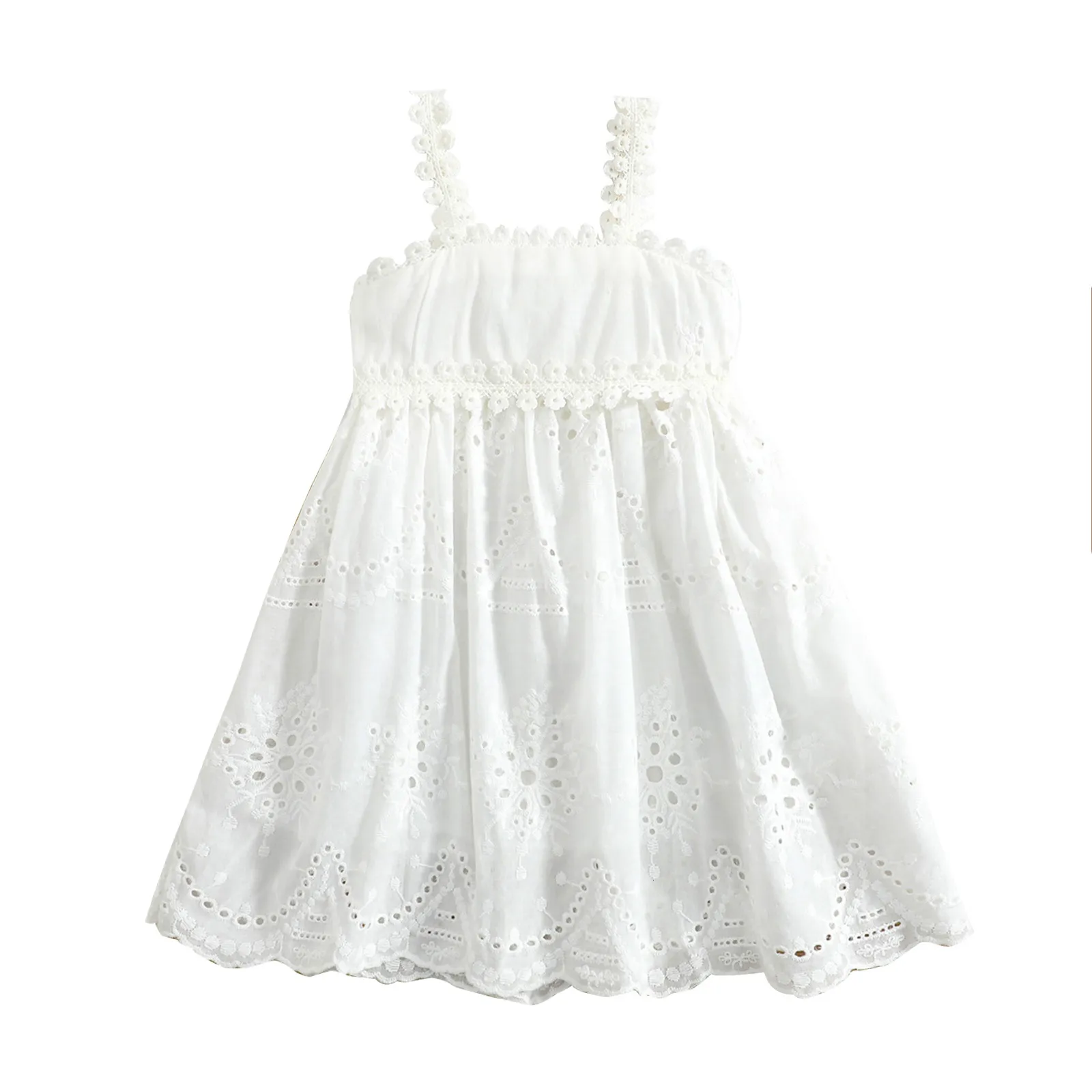 Girl's jurken Baby Girl Princess Dress Mouwloze riem Lace Design Beach Wit Elegant Breathable schattige jurk 1-6t 230407