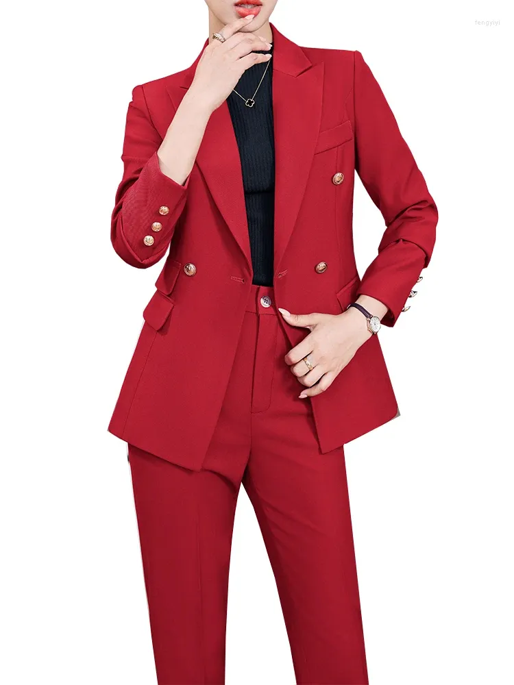 Women's Two Piece Pants Women Blazer And Pant Suit Ladies Business Work Wear 2 Set Black Blue Red Female Long Sleeve Formal Jacket Trouser