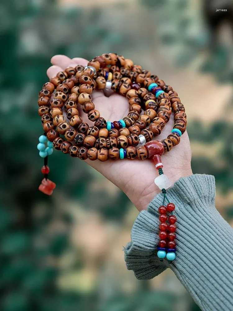 Necklace Earrings Set Natural Tibetan Yak Bone Carved Skull Bracelet Ethnic Style Head 108 Beads Rosary Jewelry