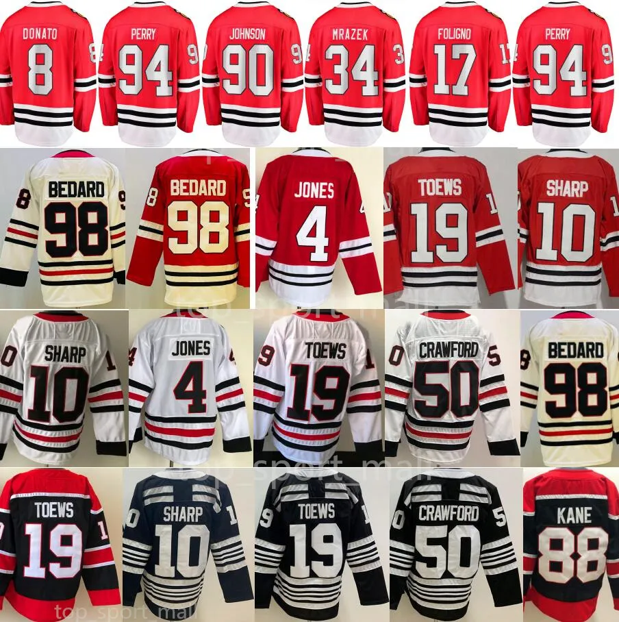 Uomo Hockey su ghiaccio 98 Maglie Connor Bedard 19 Maglia Jonathan Toews 4 Maglia Seth Jones Colore rosso nero bianco Retro uniforme sportiva vuota buona cucita per uomo