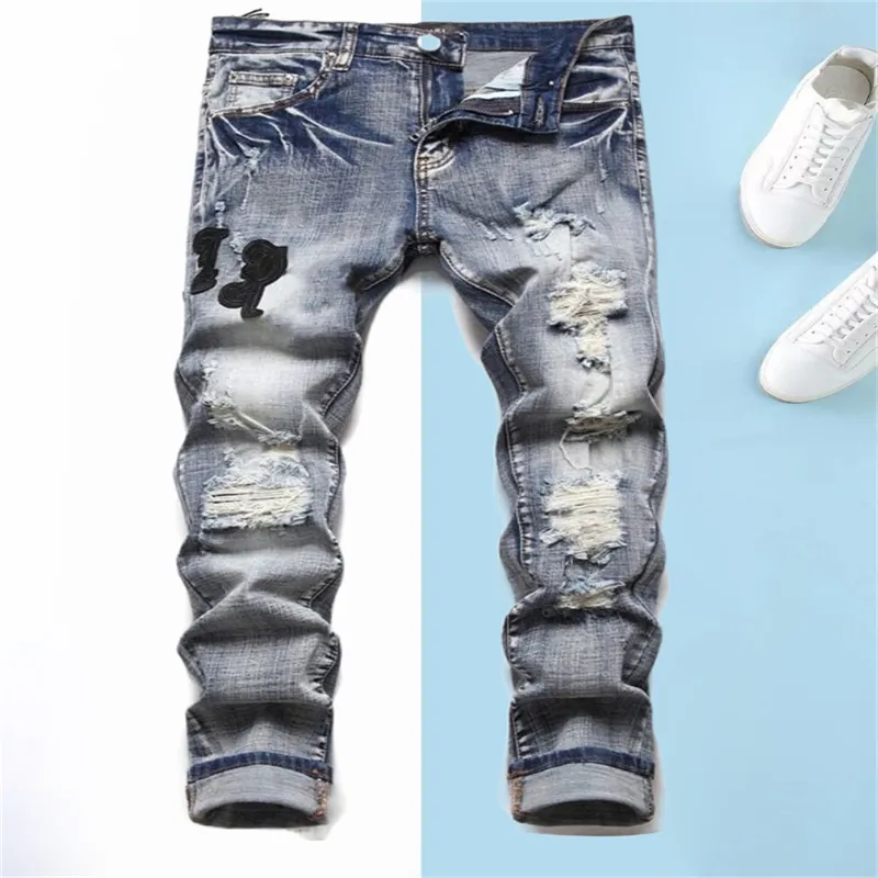 Men Badge Rips Stretch Black Jeans Men`s Fashion Slim Fit Washed Motocycle Denim Pants Panelled Hip HOP Trousers 29-38