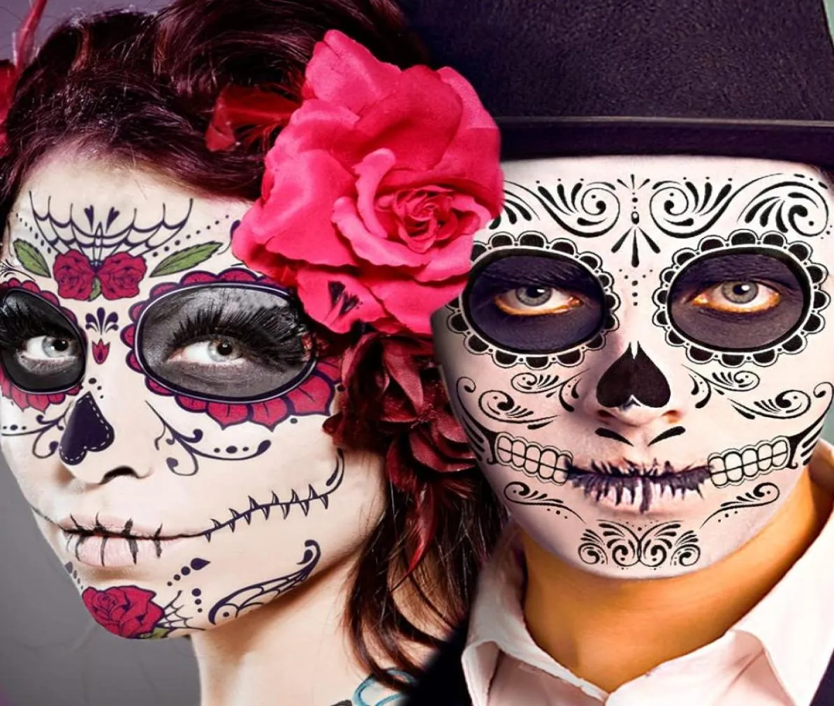 Dao of the Dead Face Tattoos 10 Sheet Halloween 임시 스티커 키트 Dia de Los Muertos 반짝이 빨간 장미 Skeleton 설탕 두개골 FA9607949