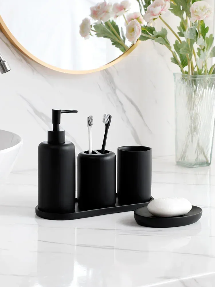 Conjunto acessório de banho banheiro preto com suporte de escova de dentes copo copo dispensador de sabão prato e bandeja