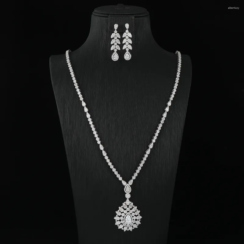 Ketting Oorbellen Set Luxe Eenvoud Grote Waterdrop Leaf Lange Sets Voor Vrouwen Zirconia Bruids Sieraden S484-0001