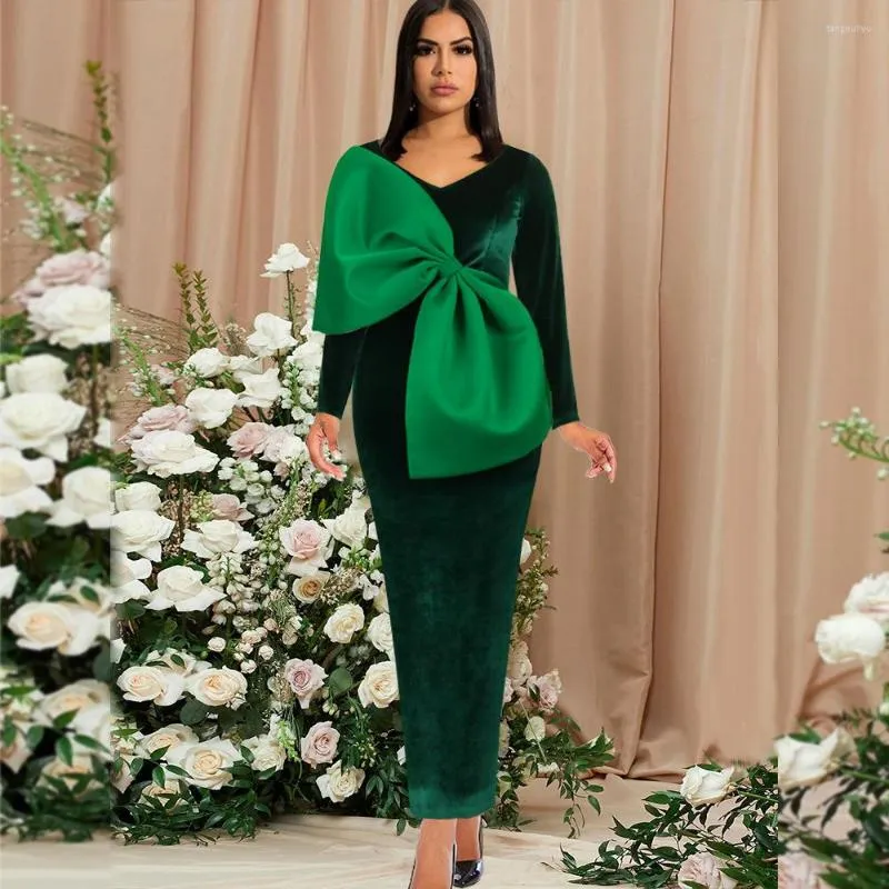 Casual Dresses Fashion Sexy Green Velvet Long Dress V-Neck High Waist Party Banquet Clothes Night Club Cocktail Big Bow Women