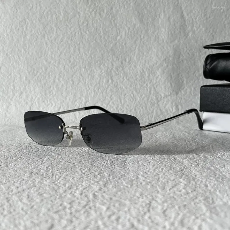 Солнцезащитные очки Серебристая металлическая оправа Прямоугольная без оправы для женщин Модное солнцезащитное стекло UV400