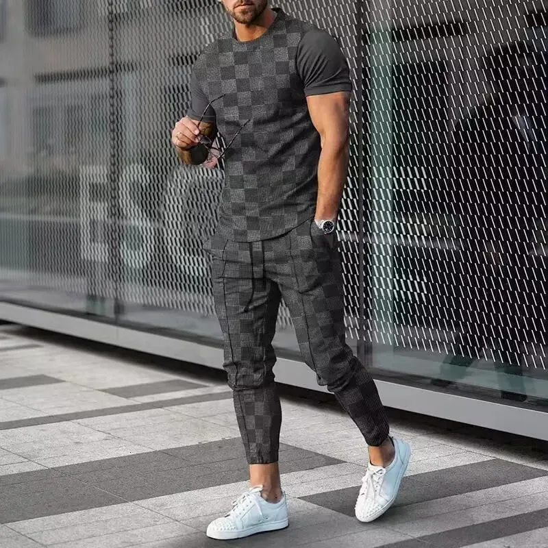 Men's Summer Tracksuit Set Fashionable 3D Print Sportswear, Lightweight  T-Shirt Long Pants, Casual Jogging Suit for Men