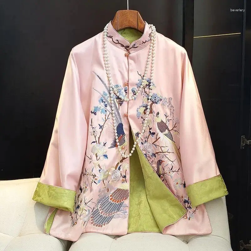 Roupas étnicas Tradicional Tang Blusa Mulheres Estilo Chinês Hanfu Cheongsam Camisas Bordadas Pavão Qipao Vintage Rosa Tops Jaquetas Casaco