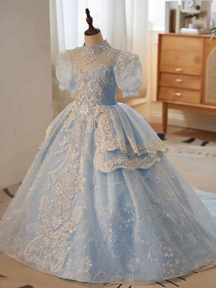 princess polly baby blue dress Pale Blue Petite Guipure Lace High Neck Woven Mini Dress main image 0