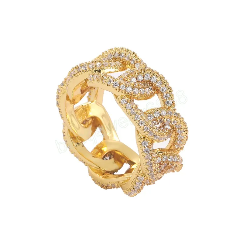 Luxury Stones Male Female Rings Gold Bling Hip Hop Zircon Ring Link Chain Exaggerated Street Artist Ring For Women Men