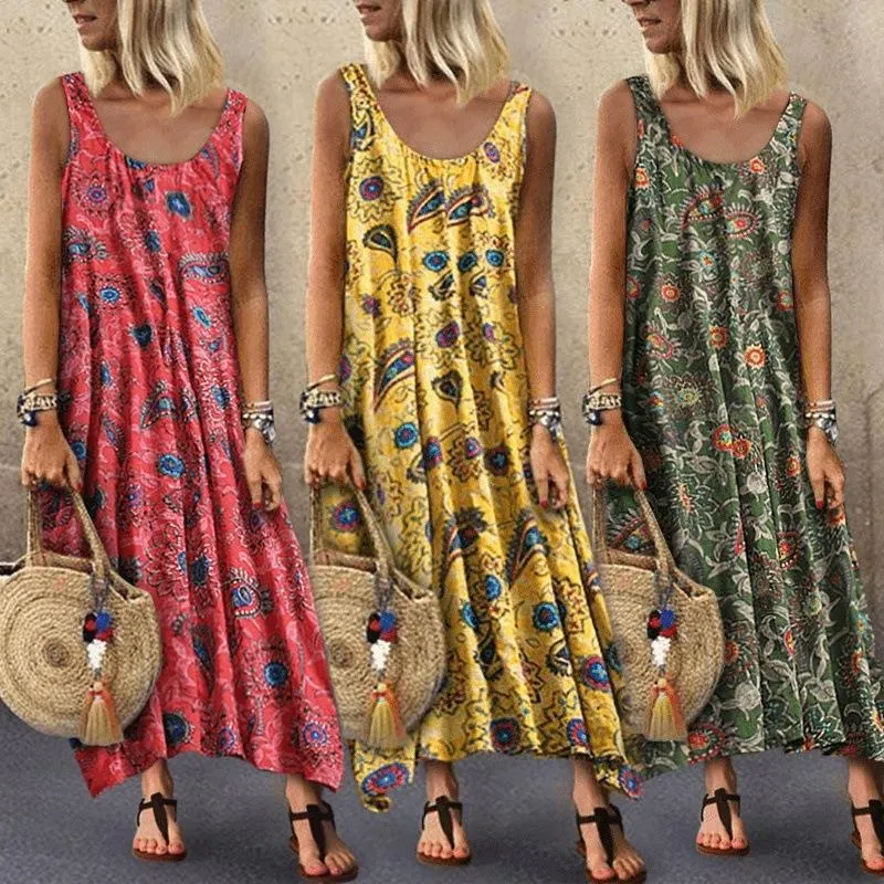 Casual Dresses Y2k Women Summer Dress Printing Sexy Midi Linen Loose Sleeveless Printed Long Maxi SundressCasual