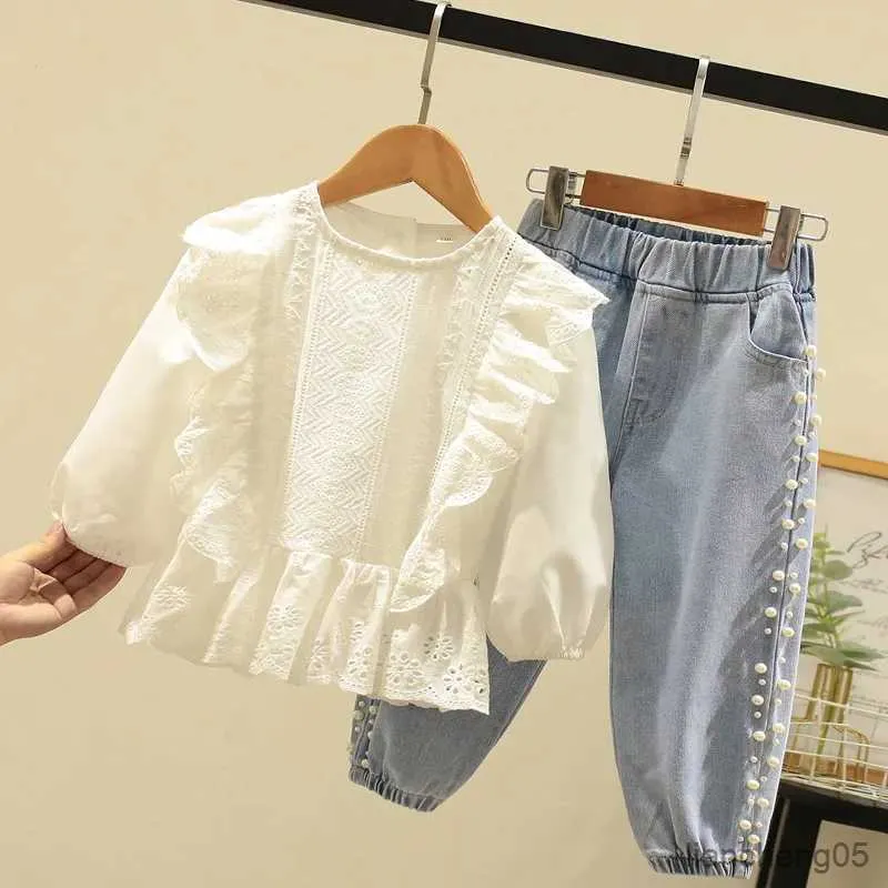 Ensembles de vêtements printemps et automne costumes pour filles enfants vêtements pour filles mode dentelle haut perle jean deux pièces ensemble de vêtements pour filles