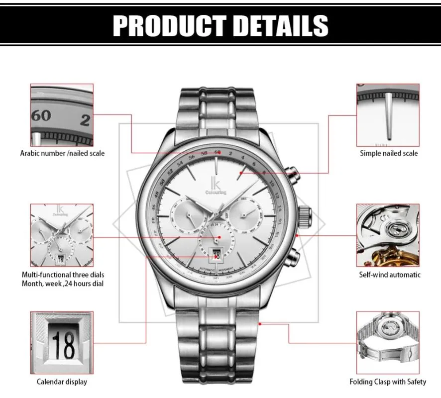 Relógios de pulso IK Marca mecânica automática Relógio masculino 24 horas calendário Silver Silver Full Stoel Fashion Modelos casuais simples 2023