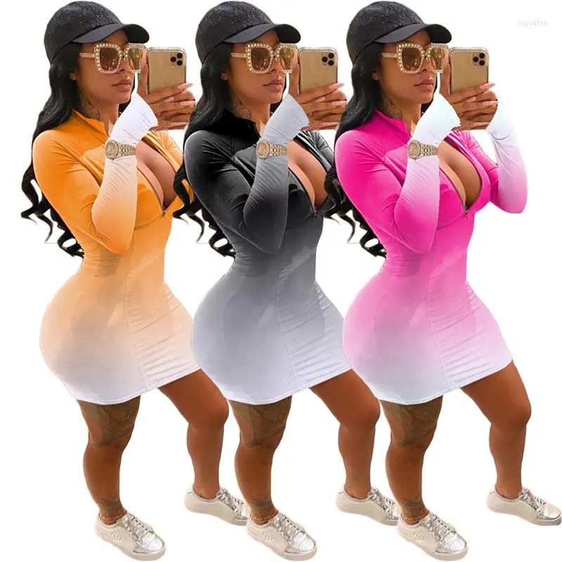 Casual Dresses Chronstyle Gradient Print Deep V-Neck Women Dress Long Sleeve Front Zip Up Fall Bodycon Fashion Pencil Mini