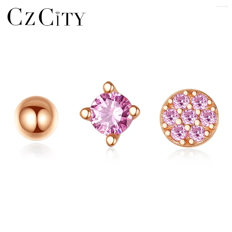 Stud Earrings CZCITY 925 Sterling Silver Pink CZ Stones Earring Set Cute Small Three Pcs Ear Pin For Girl Romantic Christmas Gifts Friend