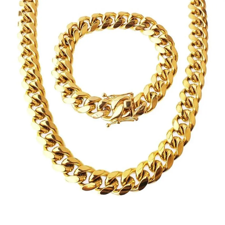 Smyckesuppsättning av rostfritt stål 18K Guldpläterad högkvalitativ kubansk länkhalsband armband för mäns trottoarkant kedja 1 5cm 8 5 221n