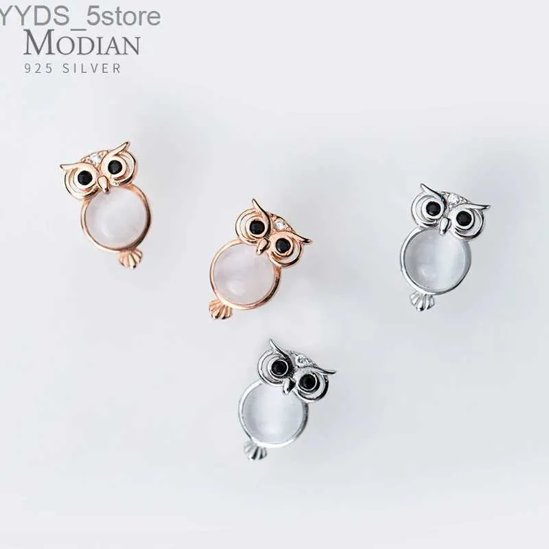 Stud Modian White Opal Cute Owl Ear Studs for Women Gift Authentic 925 Sterling Silver Rose Gold Color Stud Earring Fashion Jewelry YQ231107