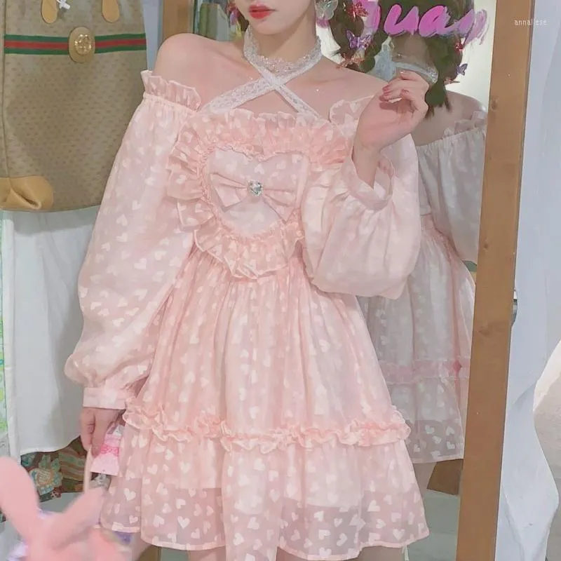 Vestidos casuais mulheres coreanas japonesas outono rosa doce vestido lolita kawaii fada y2k mini renda estética Princesa fofa