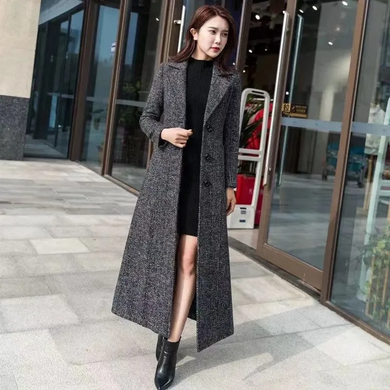 Coats High Trench Quality Women's Autumn Winter Tweed Blazer Jacket Elegant Overcoat Basic Pockets Long Coat Over Knee Top Long-Sleeved -Sleeved