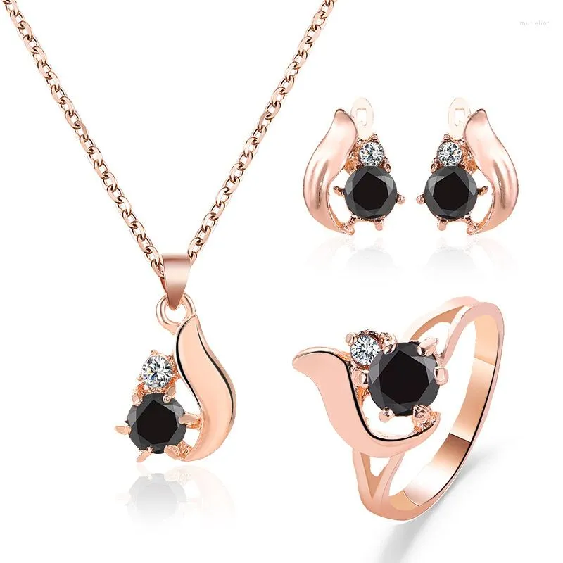 Collier boucles d'oreilles ensemble pierre noire élégante couleur or bague cristal bijoux ensembles pour femmes Bisuteria turc 11Z6C4