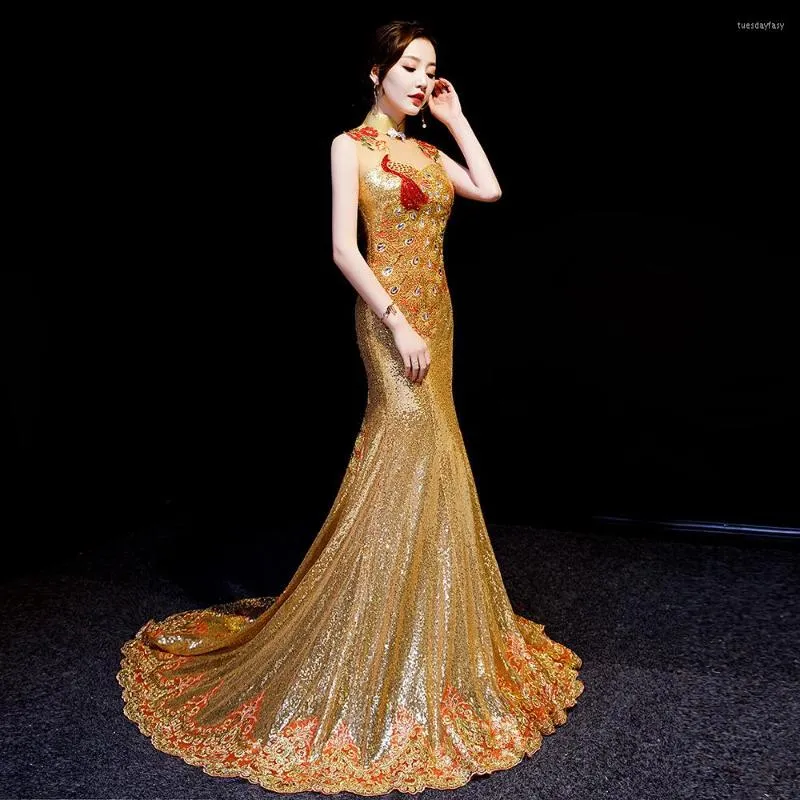 Ethnische Kleidung Gold Pailletten Abendkleid V-Ausschnitt ärmellos lang elegant rückenfrei edel Bankett Gastgeber Abschlussballkleid Party charmant schön