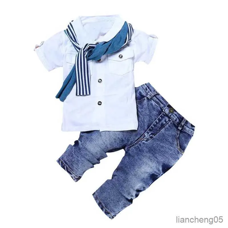 Conjuntos de roupas verão crianças roupas menino manga curta algodão camiseta topos jeans cachecol 3 pçs bebê criança conjunto casual 2-7y infantil nova roupa bonito