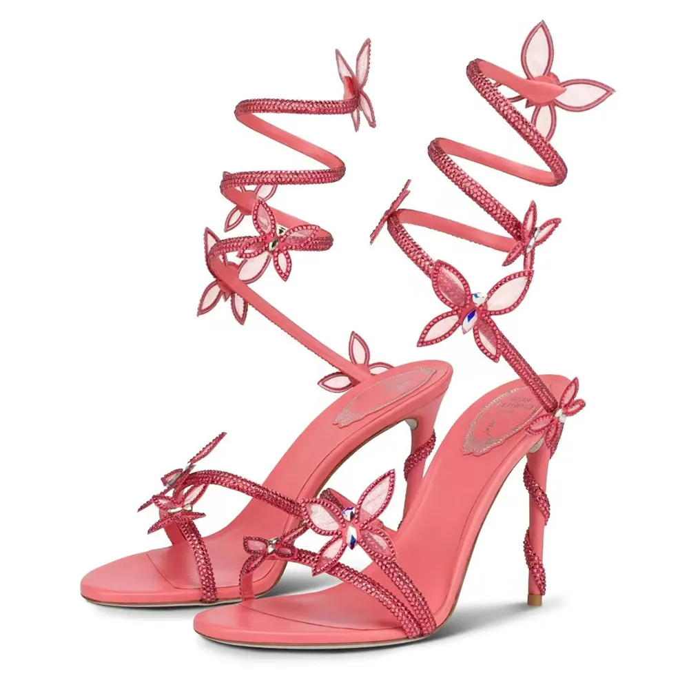 Rene Caovilla Margot Crystal Pink Sandal Gold Butterfly Stiletto Heel 저녁 디자이너 뱀 스트랩 발목 랩 어라운드