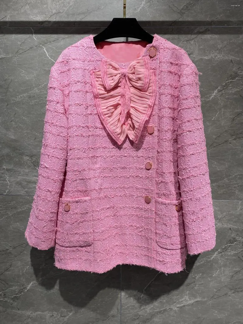 Damen-Strickmantel mit rosa Schleife, Dekoration, verziert, gerade, lockere Version, Typ Mode, Herbst 2023