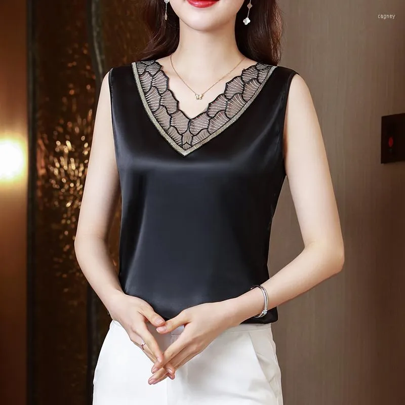 Women's Blouses Summer Fashion Lace Satin Blouse For Women 2023 Casual V Neck Loose Office Lady Shirts Sleeveless Hollow Out Silk Tops 25220