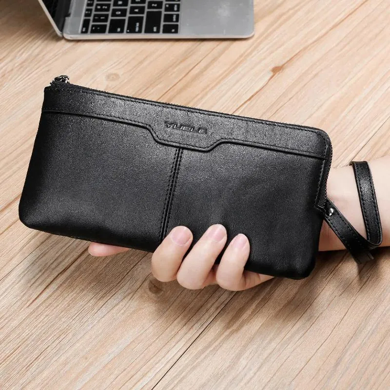 Carteras para hombre Cartera larga Embragues Soporte para tel fono celular Monedero Cremallera de cuero real suave Gran capacidad con correa para la