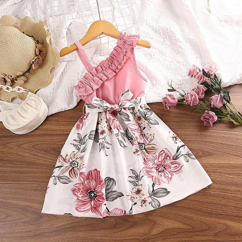 Girl Dresses Girls Princess Dress Children's Clothing Summer One Shoulder Suspender Floral Print Birthday Party For Kids 3 4 5 6 7Y