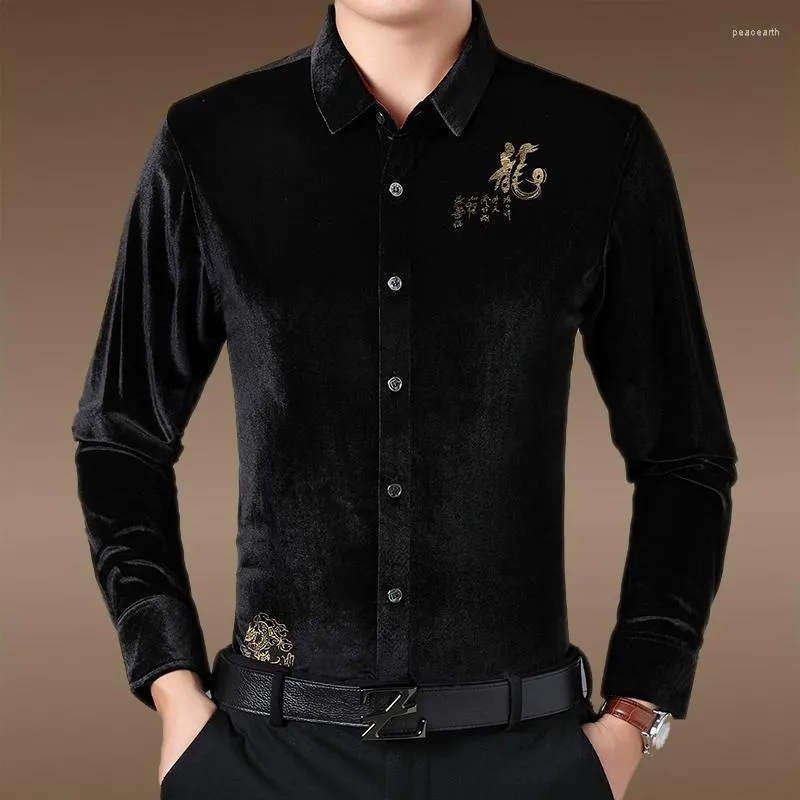 Chemises décontractées pour hommes Caractères chinois Impression Fashion Boutique Chemise à manches longues Automne 2023 Qualité Gold Velvet Luxe Hommes M-3XL