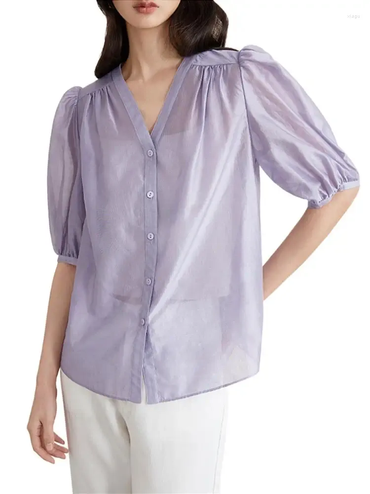 Women's Blouses High Quality Women Fashion Elegant V Neck Puff Sleeve Artificial Silk Blouse Lavender Thin Lyocell Shirt Office Chic Tops