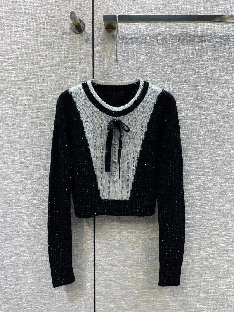 女性のセーター黒と白のパッチワークプルオーバーボウファッション2023