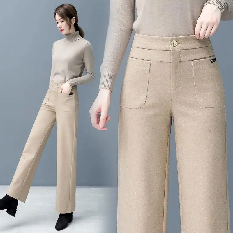 Pantalon femme 2023 hiver pantalon droit laine décontracté tout assorti ample et chaud jambe large T97