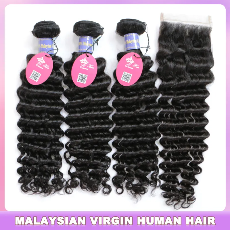 Deep Wave Human Hair Bunds med stängning Malaysiska hårvävbuntar med spetsstängning Virgin Raw Hair Extensions Queen Hair Official Store