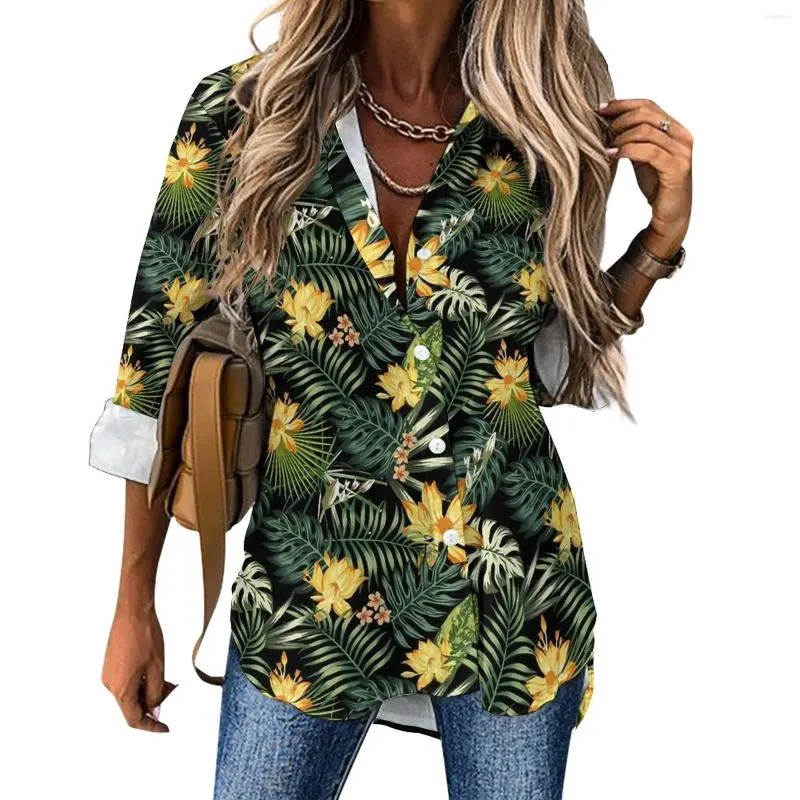 Женские блузки Блузка с тропическим цветочным принтом Полуночные цветы Модная повседневная женская уличная модная рубашка с графическим рисунком с длинными рукавами Одежда большого размера