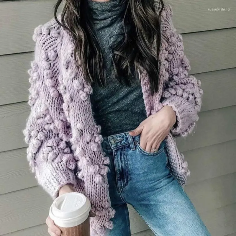 Women's Knits Lazy Florals Crocheted Sweater Coat Women Loose Hand-knit Cardigans Lantern Sleeved Coarse Wool 3D Yarn Balls Weaving Tops