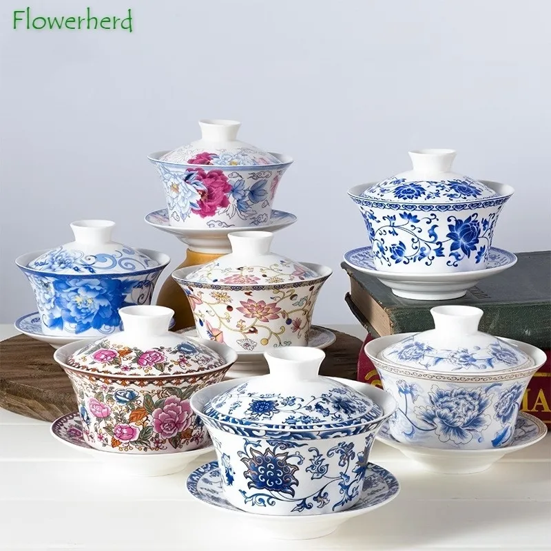 Set da tè Grande 300ml Bone China Ceramica Gaiwan Zuppiera blu e bianca Overglaze Cup Porcelain Kung Fu Set 230406