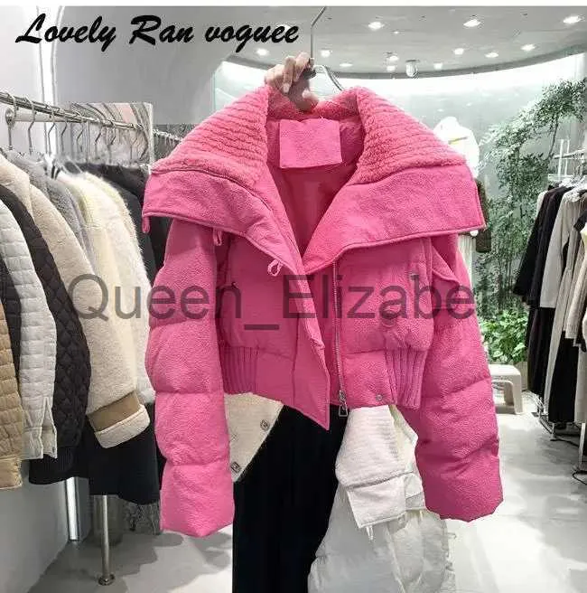 Dames Donsparka's Thinken Crop Jacket Dames Bont Coltrui Lange mouw Warme Vrouwelijke Parka Jas 2023 Winter Straat Losse puffer Katoen gewatteerde jas J231107