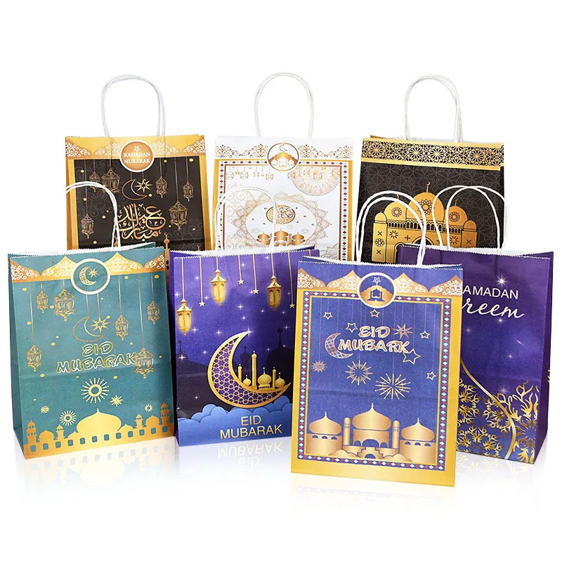 ギフトラップ6PCS Eid Mubarak Kraft Paper Bags Muslim Islamic Festival Party Cookie Candy Packaging Box Ramadan Kareem Favors Supplies 230406