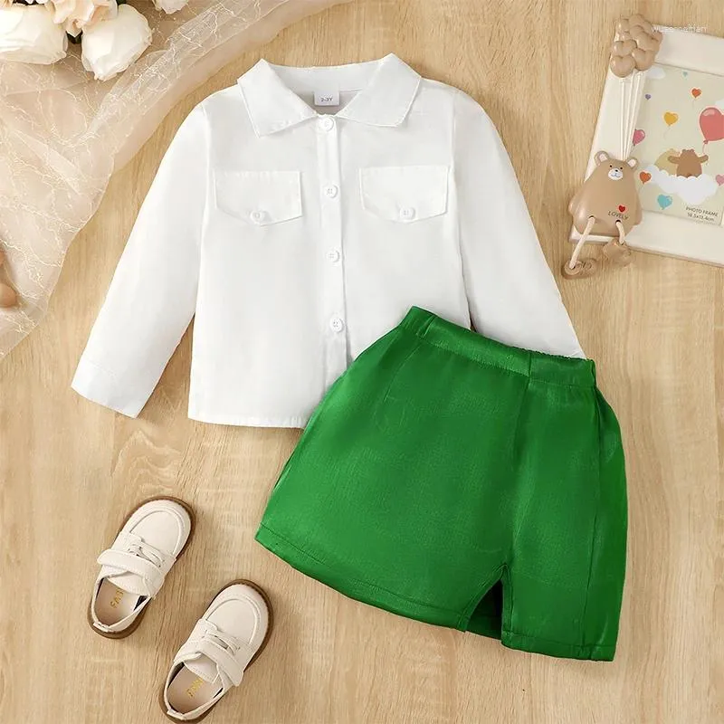 Kläder set flickor Autumn 2 Piece Outfits White Long Sleeve Lapel Shirt Topps Green mini kjol