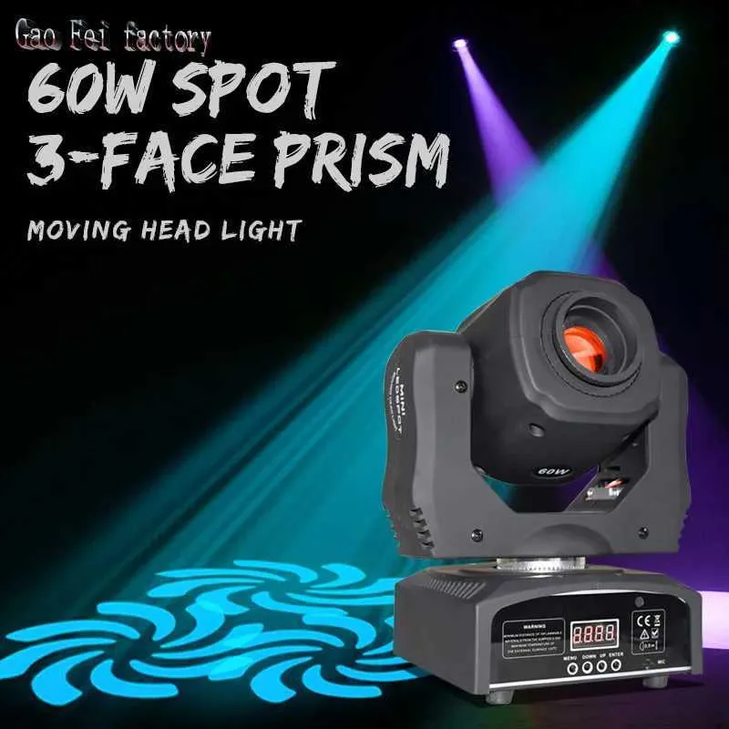 Luzes de cabeça móvel de alta qualidade Novo design Mini cabeça móvel 60W LED Spot Light com efeito giratório de prisma de 3 faces para DJ Party Dacne Floor Wedding Q231107