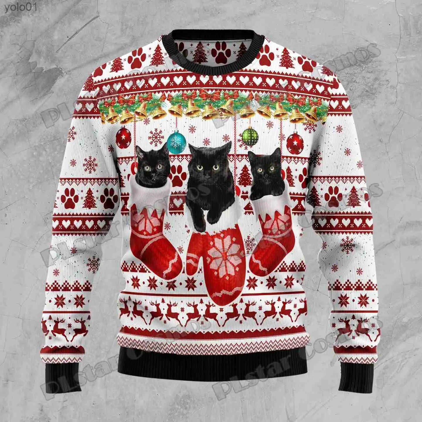 Kadın Sweaters Plstar Cosmos Kara Kedi Eldivenleri 3D Baskılı Moda Erkekler Çirkin Noel Kazak Kış UNISEX SAYIT Düğün Külot Kazak Myy28L231107