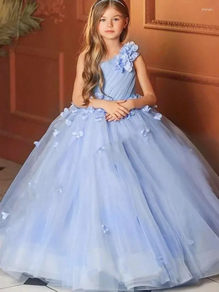 Abiti da ragazza con fiori blu cielo, gonfi, monospalla, con abiti da sfilata di moda per principessa, vestibilità 3D