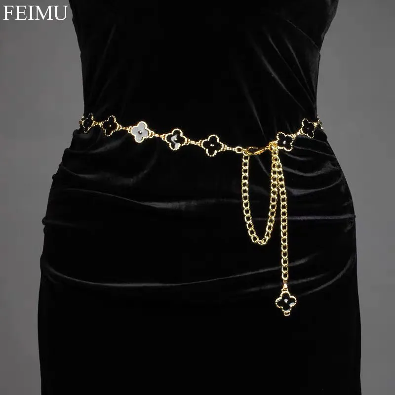 Designer Women Chain Belts Vintage Gold Two-sided Leather Rope Chain For Women Letter Dress Luxury Flower Waistband Copper Adjustable Lady Waist Belt