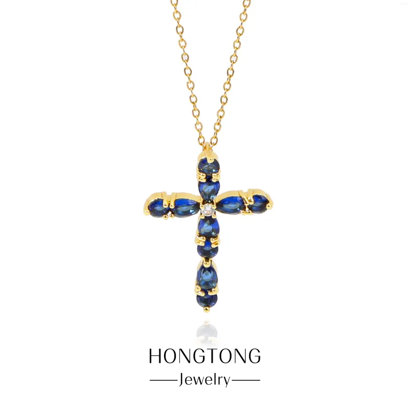 Pendant Necklaces HONGTONG Dark Blue Noble Elegant Religious Cross Christian Stainless Steel Necklace Water Drop Jewelry Boutique Gift