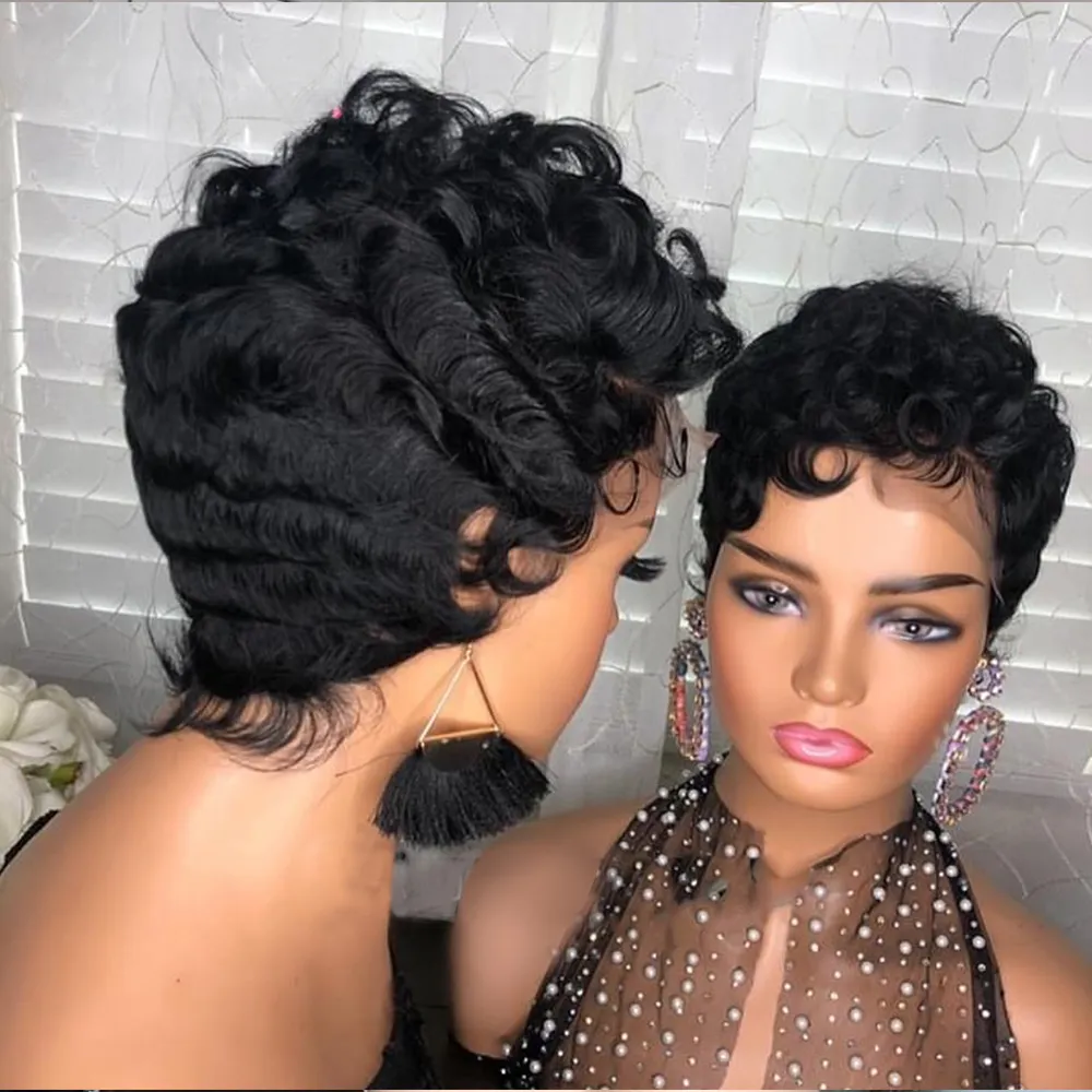 Bracie à cheveux humains courts Pixie Coup Curly Brésilien Human Hair Wigs for Black Femmes Virgin Full Lace Front Wig Wig